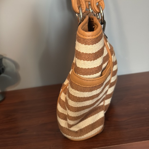 Butterfly Embroidered Striped Canvas Tote Bag Tan Brown Shoulder Handbag - Picture 4 of 11